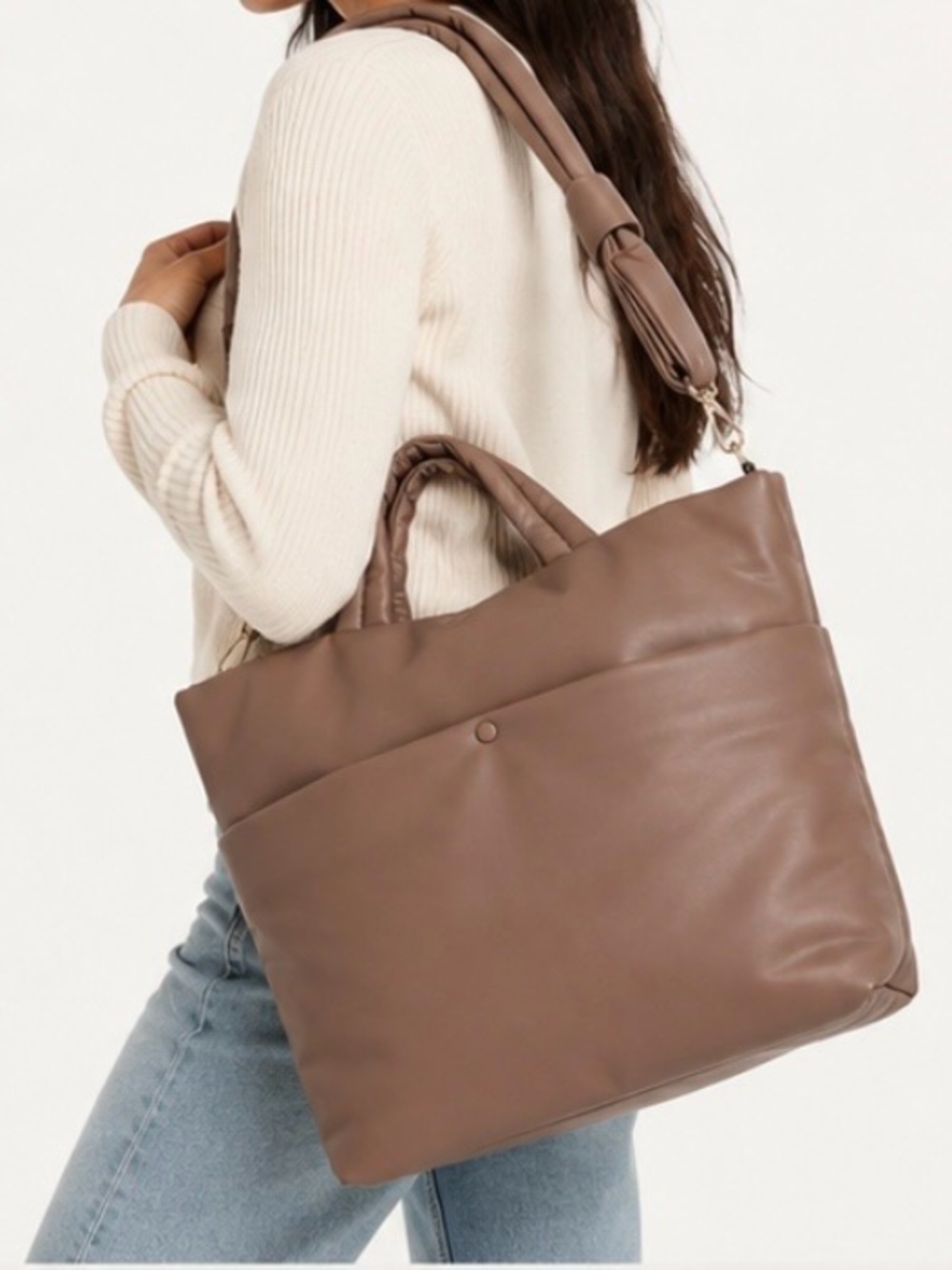 A New Day Taupe Puffer Tote Handbag Shoulder Bag Lightweight Travel Laptop Work